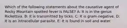 Which of the following statements about the causative agent of Rocky Mountain spotted fever is FALSE? A: It is in the genus Rickettsia. B: It is transmitted by ticks. C: It is gram-negative. D: It is an intracellular parasite. E: It is found in soil and water.