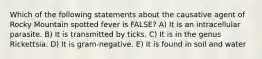 Which of the following statements about the causative agent of Rocky Mountain spotted fever is FALSE? A) It is an intracellular parasite. B) It is transmitted by ticks. C) It is in the genus Rickettsia. D) It is gram-negative. E) It is found in soil and water