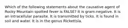 Which of the following statements about the causative agent of Rocky Mountain spotted fever is FALSE? It is gram-negative. It is an intracellular parasite. It is transmitted by ticks. It is found in soil and water. It is in the genus Rickettsia.