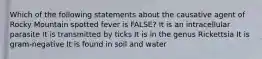 Which of the following statements about the causative agent of Rocky Mountain spotted fever is FALSE? It is an intracellular parasite It is transmitted by ticks It is in the genus Rickettsia It is gram-negative It is found in soil and water