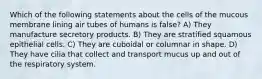 Which of the following statements about the cells of the mucous membrane lining air tubes of humans is false? A) They manufacture secretory products. B) They are stratified squamous epithelial cells. C) They are cuboidal or columnar in shape. D) They have cilia that collect and transport mucus up and out of the respiratory system.