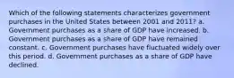 Which of the following statements characterizes government purchases in the United States between 2001 and 2011? a. Government purchases as a share of GDP have increased. b. Government purchases as a share of GDP have remained constant. c. Government purchases have fluctuated widely over this period. d. Government purchases as a share of GDP have declined.