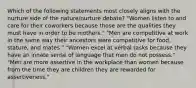 Which of the following statements most closely aligns with the nurture side of the nature/nurture debate? "Women listen to and care for their coworkers because those are the qualities they must have in order to be mothers." "Men are competitive at work in the same way their ancestors were competitive for food, stature, and mates." "Women excel at verbal tasks because they have an innate sense of language that men do not possess." "Men are more assertive in the workplace than women because from the time they are children they are rewarded for assertiveness."