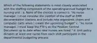 Which of the following statements is most closely associated with the staffing component of the operating/annual budget for a nursing unit : a. None of the choices is correct b. "As nurse manager, I must consider the comfort of the staff at EMR documentation stations and include new ergonomic chairs and computer carts when I create the upcoming budget" c. "As nurse manager, I must keep the FTE's on the Position Control Document up to date when new nurses are hired." d. Unit policy dictates at least one nurse from each shift participate in the departmental budgeting process