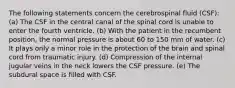 The following statements concern the cerebrospinal fluid (CSF): (a) The CSF in the central canal of the spinal cord is unable to enter the fourth ventricle. (b) With the patient in the recumbent position, the normal pressure is about 60 to 150 mm of water. (c) It plays only a minor role in the protection of the brain and spinal cord from traumatic injury. (d) Compression of the internal jugular veins in the neck lowers the CSF pressure. (e) The subdural space is filled with CSF.