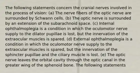 The following statements concern the cranial nerves involved in the process of vision: (a) The nerve fibers of the optic nerve are surrounded by Schwann cells. (b) The optic nerve is surrounded by an extension of the subarachnoid space. (c) Internal ophthalmoplegia is a condition in which the oculomotor nerve supply to the dilator pupillae is lost, but the innervation of the extraocular muscles is spared. (d) External ophthalmoplegia is a condition in which the oculomotor nerve supply to the extraocular muscles is spared, but the innervation of the sphincter pupillae and the ciliary muscle is lost. (e) The optic nerve leaves the orbital cavity through the optic canal in the greater wing of the sphenoid bone. The following statements