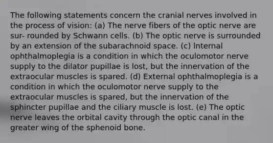 The following statements concern the cranial nerves involved in the process of vision: (a) The nerve fibers of the optic nerve are sur- rounded by Schwann cells. (b) The optic nerve is surrounded by an extension of the subarachnoid space. (c) lnternal ophthalmoplegia is a condition in which the oculomotor nerve supply to the dilator pupillae is lost, but the innervation of the extraocular muscles is spared. (d) External ophthalmoplegia is a condition in which the oculomotor nerve supply to the extraocular muscles is spared, but the innervation of the sphincter pupillae and the ciliary muscle is lost. (e) The optic nerve leaves the orbital cavity through the optic canal in the greater wing of the sphenoid bone.