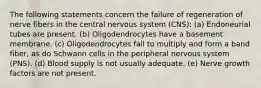 The following statements concern the failure of regeneration of nerve fibers in the central nervous system (CNS): (a) Endoneurial tubes are present. (b) Oligodendrocytes have a basement membrane. (c) Oligodendrocytes fail to multiply and form a band fiber, as do Schwann cells in the peripheral nervous system (PNS). (d) Blood supply is not usually adequate. (e) Nerve growth factors are not present.