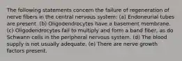 The following statements concern the failure of regeneration of nerve fibers in the central nervous system: (a) Endoneurial tubes are present. (b) Oligodendrocytes have a basement membrane. (c) Oligodendrocytes fail to multiply and form a band fiber, as do Schwann cells in the peripheral nervous system. (d) The blood supply is not usually adequate. (e) There are nerve growth factors present.