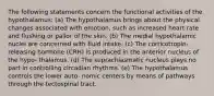 The following statements concern the functional activities of the hypothalamus: (a) The hypothalamus brings about the physical changes associated with emotion, such as increased heart rate and flushing or pallor of the skin. (b) The medial hypothalamic nuclei are concerned with fluid intake. (c) The corticotropin-releasing hormone (CRH) is produced in the anterior nucleus of the hypo- thalamus. (d) The suprachiasmatic nucleus plays no part in controlling circadian rhythms. (e) The hypothalamus controls the lower auto- nomic centers by means of pathways through the tectospinal tract.