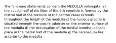 The following statements concern the MEDULLA oblongata: a) the caudal half of the floor of the 4th ventricle is formed by the rostral half of the medulla b) the central canal extends throughout the length of the medulla c) the nucleus gracilis is situated beneath the gracile tubercle on the anterior surface of the medulla d) the decussation of the medial lemniscus takes place in the rostral half of the medulla e) the cerebellum lies anterior to the medulla