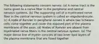 The following statements concern nerves: (a) A nerve tract is the name given to a nerve fiber in the peripheral and central nervous systems. (b) The supporting cell of a myelinated nerve fiber in the central nervous system is called an oligodendrocyte. (c) A node of Ranvier in peripheral nerves is where two Schwann cells come together and cover the exposed part of the plasma membrane of the axon. (d) Nodes of Ranvier are absent from myelinated nerve fibers in the central nervous system. (e) The major dense line of myelin consists of two inner lipid layers of the plasma membrane that are fused together