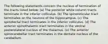 The following statements concern the nucleus of termination of the tracts listed below: (a) The posterior white column tracts terminate in the inferior colliculus. (b) The spinoreticular tract terminates on the neurons of the hippocampus. (c) The spinotectal tract terminates in the inferior colliculus. (d) The anterior spinothalamic tract terminates in the ventral posterolateral nucleus of the thalamus. (e) The anterior spinocerebellar tract terminates in the dentate nucleus of the cerebellum.