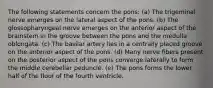 The following statements concern the pons: (a) The trigeminal nerve emerges on the lateral aspect of the pons. (b) The glossopharyngeal nerve emerges on the anterior aspect of the brainstem in the groove between the pons and the medulla oblongata. (c) The basilar artery lies in a centrally placed groove on the anterior aspect of the pons. (d) Many nerve fibers present on the posterior aspect of the pons converge laterally to form the middle cerebellar peduncle. (e) The pons forms the lower half of the floor of the fourth ventricle.