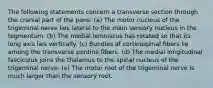 The following statements concern a transverse section through the cranial part of the pons: (a) The motor nucleus of the trigeminal nerve lies lateral to the main sensory nucleus in the tegmentum. (b) The medial lemniscus has rotated so that its long axis lies vertically. (c) Bundles of corticospinal fibers lie among the transverse pontine fibers. (d) The medial longitudinal fasciculus joins the thalamus to the spinal nucleus of the trigeminal nerve. (e) The motor root of the trigeminal nerve is much larger than the sensory root.