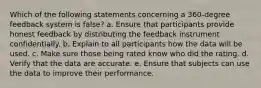 Which of the following statements concerning a 360-degree feedback system is false? a. Ensure that participants provide honest feedback by distributing the feedback instrument confidentially. b. Explain to all participants how the data will be used. c. Make sure those being rated know who did the rating. d. Verify that the data are accurate. e. Ensure that subjects can use the data to improve their performance.