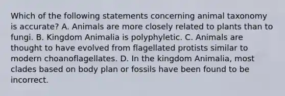 Which of the following statements concerning animal taxonomy is accurate? A. Animals are more closely related to plants than to fungi. B. Kingdom Animalia is polyphyletic. C. Animals are thought to have evolved from flagellated protists similar to modern choanoflagellates. D. In the kingdom Animalia, most clades based on body plan or fossils have been found to be incorrect.