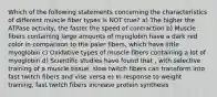 Which of the following statements concerning the characteristics of different muscle fiber types is NOT true? a) The higher the ATPase activity, the faster the speed of contraction b) Muscle fibers containing large amounts of myoglobin have a dark red color in comparison to the paler fibers, which have little myoglobin c) Oxidative types of muscle fibers containing a lot of myoglobin d) Scientific studies have found that , with selective training of a muscle tissue, slow twitch fibers can transform into fast twitch fibers and vise versa e) In response to weight training, fast twitch fibers increase protein synthesis