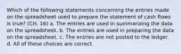 Which of the following statements concerning the entries made on the spreadsheet used to prepare the statement of cash flows is true? (CH. 16) a. The entries are used in summarizing the data on the spreadsheet. b. The entries are used in preparing the data on the spreadsheet. c. The entries are not posted to the ledger. d. All of these choices are correct.