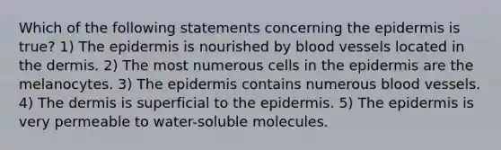 Which of the following statements concerning <a href='https://www.questionai.com/knowledge/kBFgQMpq6s-the-epidermis' class='anchor-knowledge'>the epidermis</a> is true? 1) The epidermis is nourished by <a href='https://www.questionai.com/knowledge/kZJ3mNKN7P-blood-vessels' class='anchor-knowledge'>blood vessels</a> located in <a href='https://www.questionai.com/knowledge/kEsXbG6AwS-the-dermis' class='anchor-knowledge'>the dermis</a>. 2) The most numerous cells in the epidermis are the melanocytes. 3) The epidermis contains numerous blood vessels. 4) The dermis is superficial to the epidermis. 5) The epidermis is very permeable to water-soluble molecules.