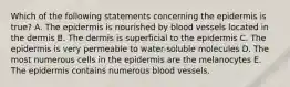 Which of the following statements concerning the epidermis is true? A. The epidermis is nourished by blood vessels located in the dermis B. The dermis is superficial to the epidermis C. The epidermis is very permeable to water-soluble molecules D. The most numerous cells in the epidermis are the melanocytes E. The epidermis contains numerous blood vessels.