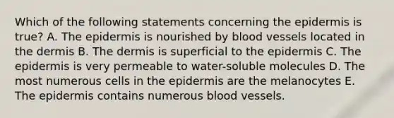 Which of the following statements concerning <a href='https://www.questionai.com/knowledge/kBFgQMpq6s-the-epidermis' class='anchor-knowledge'>the epidermis</a> is true? A. The epidermis is nourished by <a href='https://www.questionai.com/knowledge/kZJ3mNKN7P-blood-vessels' class='anchor-knowledge'>blood vessels</a> located in <a href='https://www.questionai.com/knowledge/kEsXbG6AwS-the-dermis' class='anchor-knowledge'>the dermis</a> B. The dermis is superficial to the epidermis C. The epidermis is very permeable to water-soluble molecules D. The most numerous cells in the epidermis are the melanocytes E. The epidermis contains numerous blood vessels.