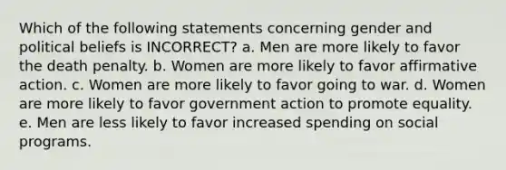 Which of the following statements concerning gender and political beliefs is INCORRECT? a. Men are more likely to favor the death penalty. b. Women are more likely to favor affirmative action. c. Women are more likely to favor going to war. d. Women are more likely to favor government action to promote equality. e. Men are less likely to favor increased spending on social programs.