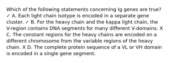 Which of the following statements concerning Ig genes are true? ✓ A. Each light chain isotype is encoded in a separate gene cluster. ✓ B. For the heavy chain and the kappa light chain, the V-region contains DNA segments for many different V-domains. X C. The constant regions for the heavy chains are encoded on a different chromosome from the variable regions of the heavy chain. X D. The complete protein sequence of a VL or VH domain is encoded in a single gene segment.