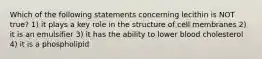 Which of the following statements concerning lecithin is NOT true? 1) it plays a key role in the structure of cell membranes 2) it is an emulsifier 3) it has the ability to lower blood cholesterol 4) it is a phospholipid