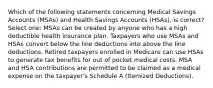 Which of the following statements concerning Medical Savings Accounts (MSAs) and Health Savings Accounts (HSAs), is correct? Select one: MSAs can be created by anyone who has a high deductible health insurance plan. Taxpayers who use MSAs and HSAs convert below the line deductions into above the line deductions. Retired taxpayers enrolled in Medicare can use HSAs to generate tax benefits for out of pocket medical costs. MSA and HSA contributions are permitted to be claimed as a medical expense on the taxpayer's Schedule A (Itemized Deductions).