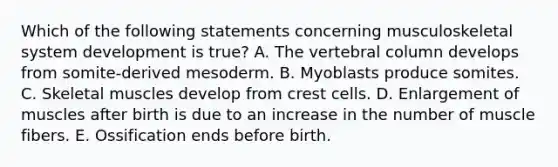 Which of the following statements concerning musculoskeletal system development is true? A. The vertebral column develops from somite-derived mesoderm. B. Myoblasts produce somites. C. Skeletal muscles develop from crest cells. D. Enlargement of muscles after birth is due to an increase in the number of muscle fibers. E. Ossification ends before birth.