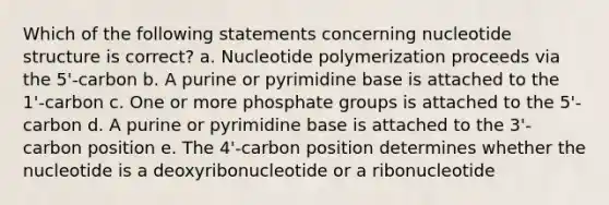 Which of the following statements concerning nucleotide structure is correct? a. Nucleotide polymerization proceeds via the 5'-carbon b. A purine or pyrimidine base is attached to the 1'-carbon c. One or more phosphate groups is attached to the 5'-carbon d. A purine or pyrimidine base is attached to the 3'-carbon position e. The 4'-carbon position determines whether the nucleotide is a deoxyribonucleotide or a ribonucleotide