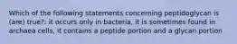 Which of the following statements concerning peptidoglycan is (are) true?: it occurs only in bacteria, it is sometimes found in archaea cells, it contains a peptide portion and a glycan portion