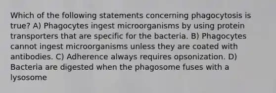 Which of the following statements concerning phagocytosis is true? A) Phagocytes ingest microorganisms by using protein transporters that are specific for the bacteria. B) Phagocytes cannot ingest microorganisms unless they are coated with antibodies. C) Adherence always requires opsonization. D) Bacteria are digested when the phagosome fuses with a lysosome