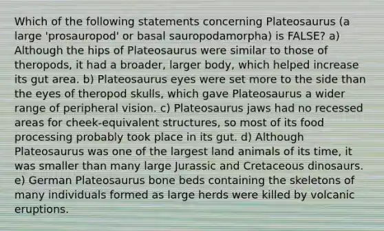 Which of the following statements concerning Plateosaurus (a large 'prosauropod' or basal sauropodamorpha) is FALSE? a) Although the hips of Plateosaurus were similar to those of theropods, it had a broader, larger body, which helped increase its gut area. b) Plateosaurus eyes were set more to the side than the eyes of theropod skulls, which gave Plateosaurus a wider range of peripheral vision. c) Plateosaurus jaws had no recessed areas for cheek-equivalent structures, so most of its food processing probably took place in its gut. d) Although Plateosaurus was one of the largest land animals of its time, it was smaller than many large Jurassic and Cretaceous dinosaurs. e) German Plateosaurus bone beds containing the skeletons of many individuals formed as large herds were killed by volcanic eruptions.