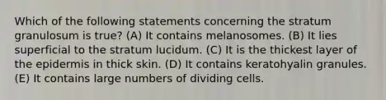 Which of the following statements concerning the stratum granulosum is true? (A) It contains melanosomes. (B) It lies superficial to the stratum lucidum. (C) It is the thickest layer of the epidermis in thick skin. (D) It contains keratohyalin granules. (E) It contains large numbers of dividing cells.