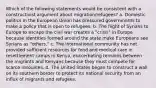 Which of the following statements would be consistent with a constructivist argument about migration/refugees? a. Domestic politics in the European Union has pressured governments to make a policy that is open to refugees. b. The flight of Syrians to Europe to escape the civil war creates a "crisis" in Europe because identities formed around the state make Europeans see Syrians as "others." c. The international community has not provided sufficient resources for food and medical care in resettlement camps in Kenya, exacerbating tensions between the migrants and Kenyans because they must compete for scarce resources. d. The United States began to construct a wall on its southern border to protect its national security from an influx of migrants and refugees.