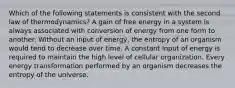 Which of the following statements is consistent with the second law of thermodynamics? A gain of free energy in a system is always associated with conversion of energy from one form to another. Without an input of energy, the entropy of an organism would tend to decrease over time. A constant input of energy is required to maintain the high level of cellular organization. Every energy transformation performed by an organism decreases the entropy of the universe.