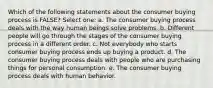 Which of the following statements about the consumer buying process is FALSE? Select one: a. The consumer buying process deals with the way human beings solve problems. b. Different people will go through the stages of the consumer buying process in a different order. c. Not everybody who starts consumer buying process ends up buying a product. d. The consumer buying process deals with people who are purchasing things for personal consumption. e. The consumer buying process deals with human behavior.