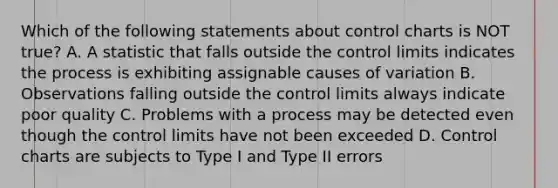 Which of the following statements about control charts is NOT true? A. A statistic that falls outside the control limits indicates the process is exhibiting assignable causes of variation B. Observations falling outside the control limits always indicate poor quality C. Problems with a process may be detected even though the control limits have not been exceeded D. Control charts are subjects to Type I and Type II errors