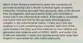 Which of the following statements about the conversion of pyruvate to acetyl CoA is FALSE? A.Several types of organic molecules, including pyruvate from glycolysis, fatty acids derived from fat digestion, and some amino acids, are converted to acetyl CoA in the mitochondrial matrix. B.Pyruvate is converted into acetyl CoA and CO2 by the pyruvate dehydrogenase complex in the mitochondrial matrix. C.Fatty acyl CoAs are oxidized in a cycle containing four enzymes; each turn of the cycle shortens the fatty acyl CoA molecule by four carbons and generates one molecule each of FADH2, NADH, and acetyl CoA. D.Fats are insoluble in water and spontaneously form large lipid droplets in specialized fat cells called adipocytes.