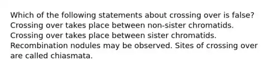 Which of the following statements about crossing over is false? Crossing over takes place between non-sister chromatids. Crossing over takes place between sister chromatids. Recombination nodules may be observed. Sites of crossing over are called chiasmata.