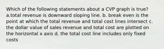 Which of the following statements about a CVP graph is true? a.total revenue is downward sloping line. b. break even is the point at which the total revenue and total cost lines intersect c. the dollar value of sales revenue and total cost are plotted on the horizontal x axis d. the total cost line includes only fixed costs