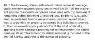 All of the following statements about debris removal coverage under the homeowners policy are correct EXCEPT: A) the insurer will pay the reasonable expenses associated with the removal of remaining debris following a covered loss. B) debris (e.g., ash, dust, or particles) from a volcanic eruption that caused direct loss to a building or property contained in a building is covered. C) the homeowners policy allows 5% of the limit of liability applying to the damaged property for reimbursement for debris removal. D) reimbursement for debris removal is included in the limit of liability applying to the damaged property.