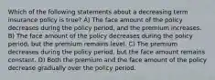 Which of the following statements about a decreasing term insurance policy is true? A) The face amount of the policy decreases during the policy period, and the premium increases. B) The face amount of the policy decreases during the policy period, but the premium remains level. C) The premium decreases during the policy period, but the face amount remains constant. D) Both the premium and the face amount of the policy decrease gradually over the policy period.