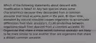 Which of the following statements about descent with modification is false? A) Any two species share some characteristics because they descended from a common ancestor that lived at some point in the past. B) Over time, evolution by natural selection causes organisms to accumulate differences from their ancestors. C) All similarities between organisms result from descent from a common ancestor. D) Organisms that share a more recent common ancestor are likely to be more similar to one another than are organisms that share a distant common ancestor.