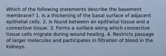 Which of the following statements describe the basement membrane? 1. Is a thickening of the basal surface of adjacent epithelial cells. 2. Is found between an epithelial tissue and a connective tissue. 3. Forms a surface along which connective tissue cells migrate during wound healing. 4. Restricts passage of larger molecules and participates in filtration of blood in the kidneys.