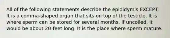 All of the following statements describe the epididymis EXCEPT: It is a comma-shaped organ that sits on top of the testicle. It is where sperm can be stored for several months. If uncoiled, it would be about 20-feet long. It is the place where sperm mature.