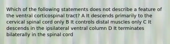 Which of the following statements does not describe a feature of the ventral corticospinal tract? A It descends primarily to the cervical spinal cord only B It controls distal muscles only C It descends in the ipsilateral ventral column D It terminates bilaterally in the spinal cord