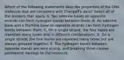 Which of the following statements describe properties of the DNA molecule that are consistent with Chargaff's data? Select all of the answers that apply. A. Two adenine bases on opposite strands can form hydrogen bonds between them. B. An adenine base and a thymine base on opposite strands can form hydrogen bonds between them. C. On a single strand, the four bases are repeated many times and in different combinations. D. On a single strand, the four bases are repeated many times but are always grouped together. E. The hydrogen bonds between opposite stands are very strong, and breaking them causes permanent damage to the molecule.